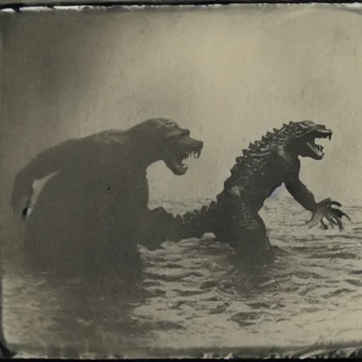 Prompt: tintype photo, underwater, Bigfoot fighting Godzilla