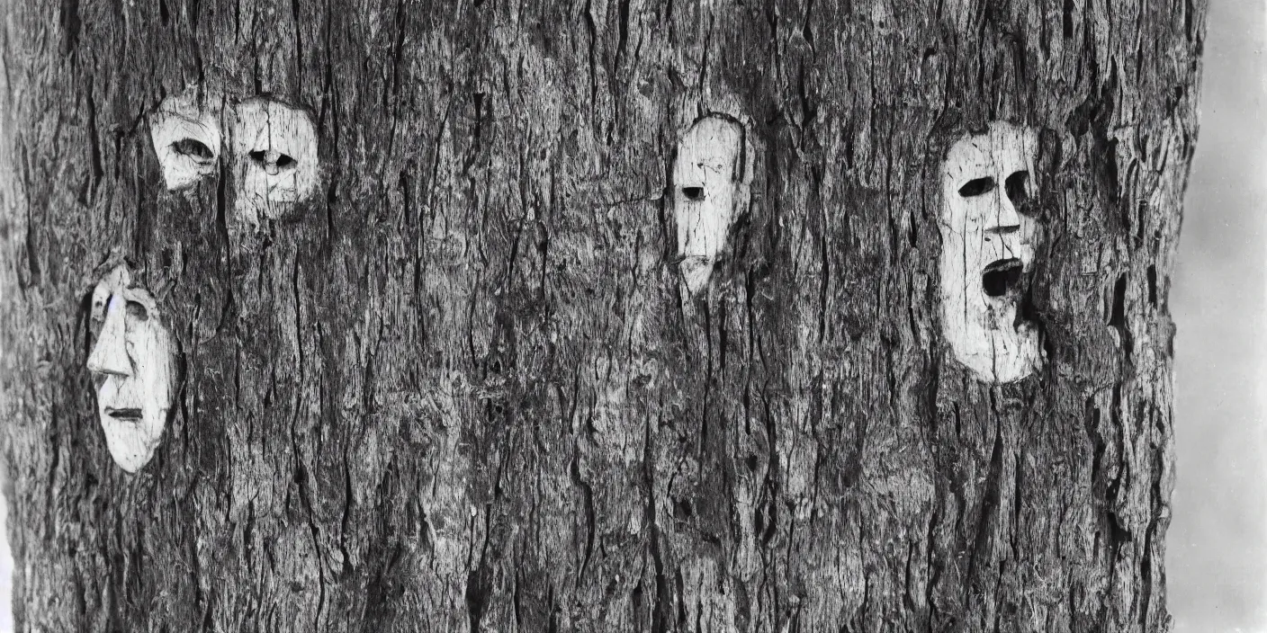 Prompt: a few tyrolean and alpine folk folklore masks carved into pine tree, 1 9 2 0 analog photography, black and white, grainy, dark