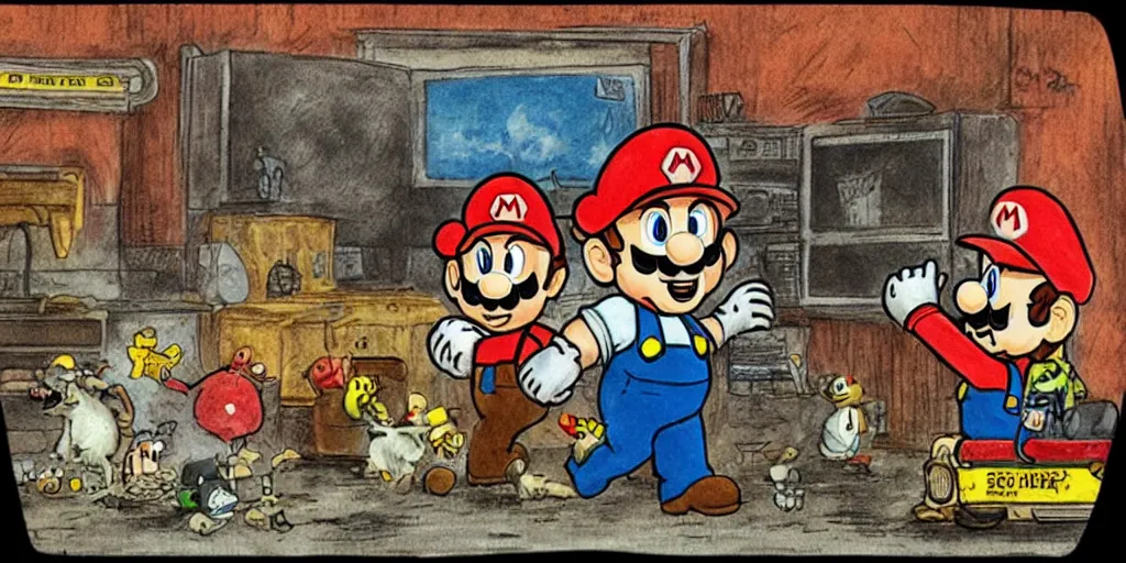 Prompt: mario is in resident evil by richard scarry