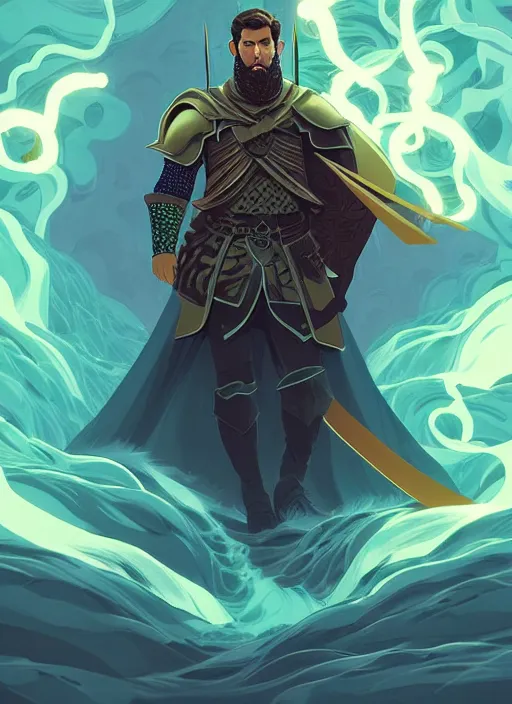 Image similar to style artgerm, joshua middleton, illustration, john krasinski as rune knight wearing green pelt light armor, blue hair, swirling water cosmos, fantasy, dnd, cinematic lighting