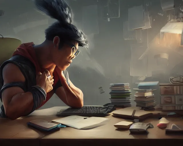 Image similar to an insanely detailed painting of a nerdy asian man wearing a superhero costume, sitting at a desk, staring at the nervously at the computer and typing, in the style of peter mohrbacher, dramatic lighting and composition, surreal background, octane render, pixar, trending on artstation, concept art, comic book, view from behind