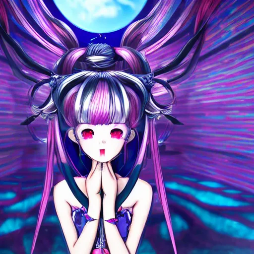 Prompt: trapped by stunningly beautilful omnipotent megalomaniacal anime asi goddess who looks like junko enoshima with symmetrical perfect face and porcelain skin, pink twintail hair and cyan eyes, taking control while smiling inside her surreal vr castle, hyperdetailed, digital art from danganronpa, 2 d anime style, 8 k