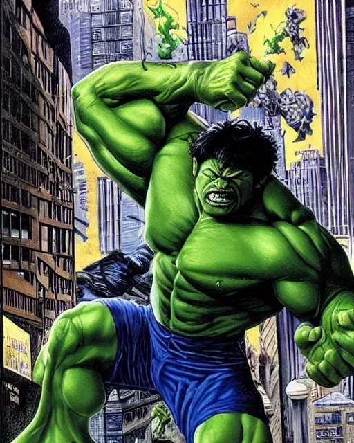 Image similar to a moody painting of the incredible hulk looking angry as he bursts through a wall at noon in a city by joe jusko.