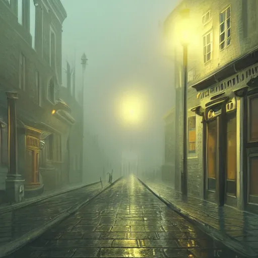 Image similar to victorian city street, dark, misty, at night, 8 k, detailed, concept art, trending on artstation