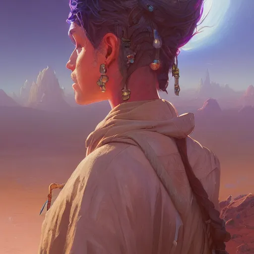 Prompt: highly detailed portrait of desert mage, stephen bliss, unreal engine, fantasy art by greg rutkowski, loish, rhads, ferdinand knab, makoto shinkai and lois van baarle, ilya kuvshinov, rossdraws, tom bagshaw, global illumination, radiant light, detailed and intricate environment