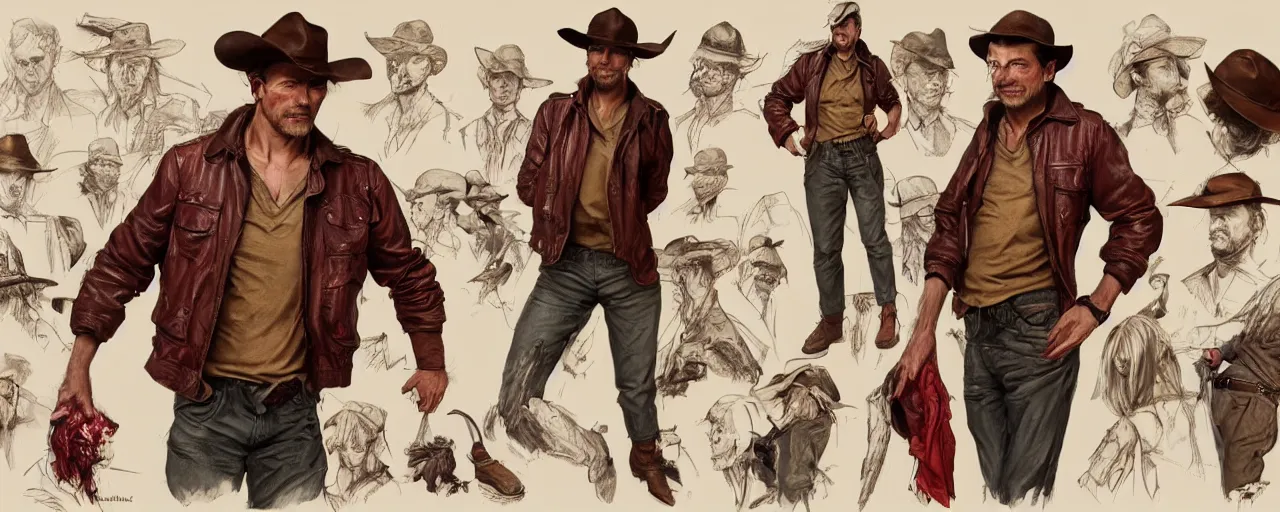 Image similar to character design, reference sheet, fashion, 40's adventurer, unshaven, optimistic, stained dirty clothing, straw hat, riding boots, red t-shirt, dusty rown bomber leather jacket, , detailed, concept art, photorealistic, hyperdetailed, 3d rendering , art by Leyendecker and frazetta,