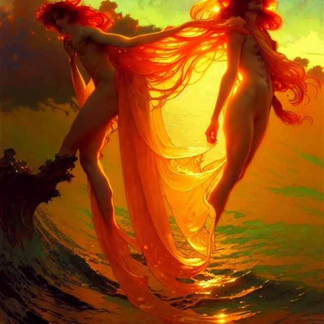 Image similar to sea of glossy liquid honey drops flowing like translucent amber, lsd waves, backlit, sunset, refracted lighting, art by collier, albert aublet, krenz cushart, artem demura, alphonse mucha