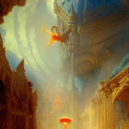 Image similar to a chapel's ceiling is broken in half as a red magical portal from hell opens up there. highly detailed painting by gaston bussiere, greg rutkowski 8 k