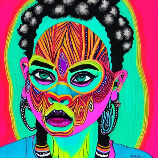 Image similar to Art in the style of Harumi Hironaka, Georgia Anne Muldrow, VWETO II, album art, 1970s, turquoise, side portrait, tribal mask inside mask, animalia, afro-psychedelia, afrocentric mysticism