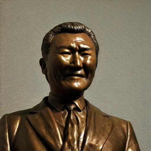 Image similar to close up shot of an old bronze statue of takeshi kitano in a museum