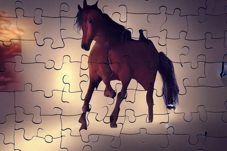 Image similar to A horse attempting to solve a jigsaw puzzle!!!, looking confused, cinematic lighting, evening light, stables, digital painting, volumetric light, concept art, trending on artstation