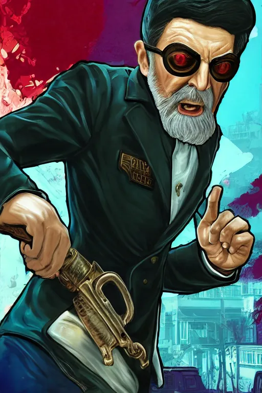 Image similar to angry ali khamenei, with pointing finger, delete duplicating content, parallel content, hyperrealistic anatomy body content, violet polsangi pop art, gta chinatown wars art style, extreme quality masterpiece, bioshock infinite art style, incrinate, 2 color, white frame, content balance proportion