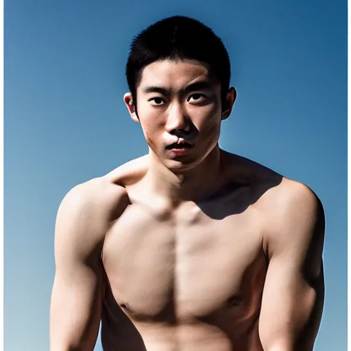 Image similar to a portrait of a athletic beautiful japanese male divinity, photographed by andrew thomas huang