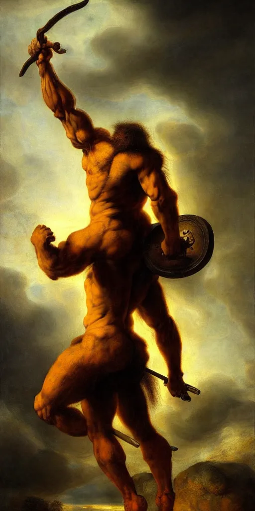 Prompt: muscular humanoid hybrid minotaur with weapon and anthropomorphic human oversized mutant proportions and very hairy body , backlight body , extreme very textured detailed intricate painting by rembrandt, sunset, dramatic clouds cyan atmosphere