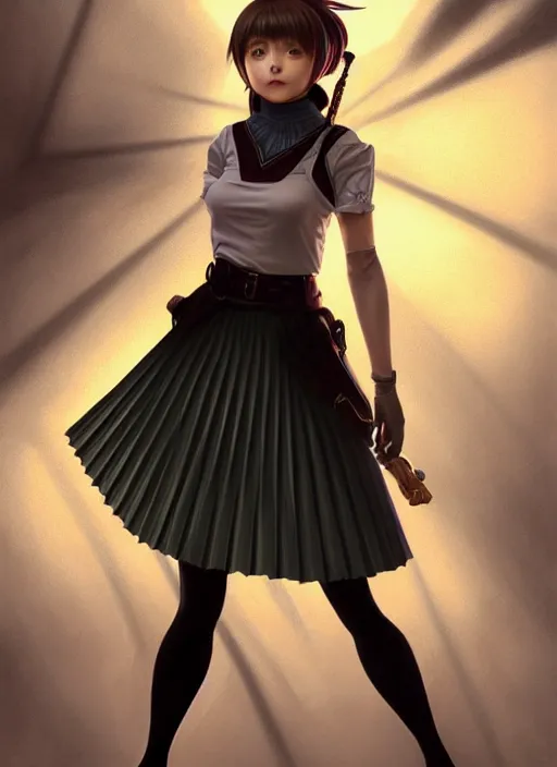 Image similar to portrait of a full body of beautiful young female detective, d & d, sleeveless turtleneck, pleated skirt, fantasy, flat lighting, intricate, highly detailed, digital painting, artstation, concept art, smooth, sharp focus, illustration, misa amane, art by simon bisley and greg rutkowski and alphonse mucha, natural tpose