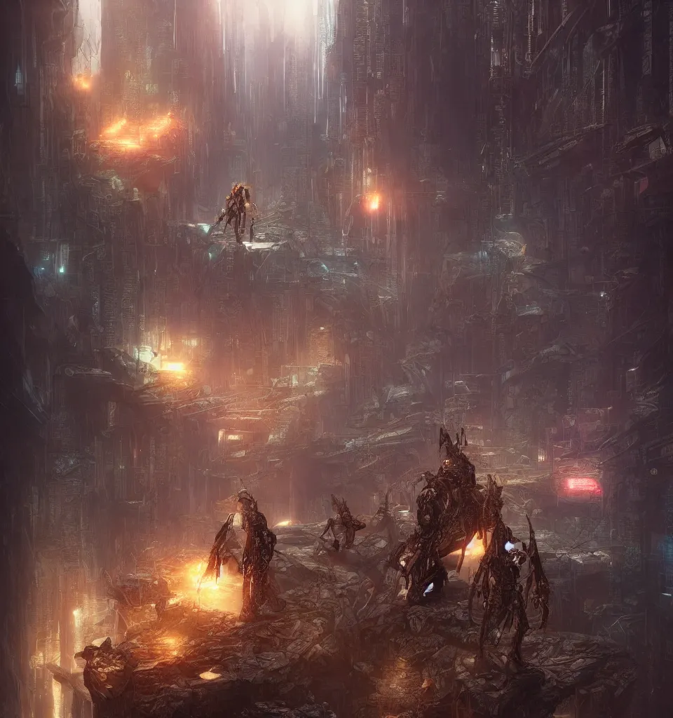 Image similar to cyberpunk gladiator, cinematic, highly detailed, octane render, cg, rich cinematic atmosphere, perfect digital art, mystical journey in strange world, Mystical, cyberpunk, tech war, sci-fi, surreal, glowing lights, sharp focus, high detailed, by Akihiko Yoshida, michael whelan and Karol Bak