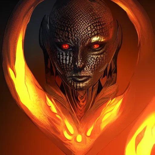 Image similar to dark art, Hot reptile humanoid woman, wearing armor, glowing yellow eyes, burning world, futuristic, digital art, artstation, concept art, 4k, 8k