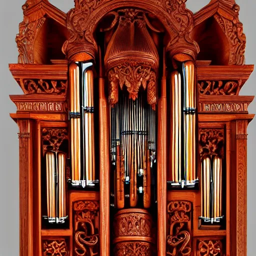 Prompt: pipe organ intricately carved from ancient wood, detailed reference photo, artstation