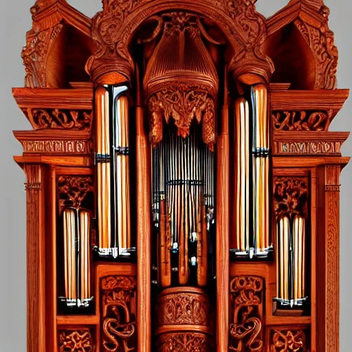 Image similar to pipe organ intricately carved from ancient wood, detailed reference photo, artstation