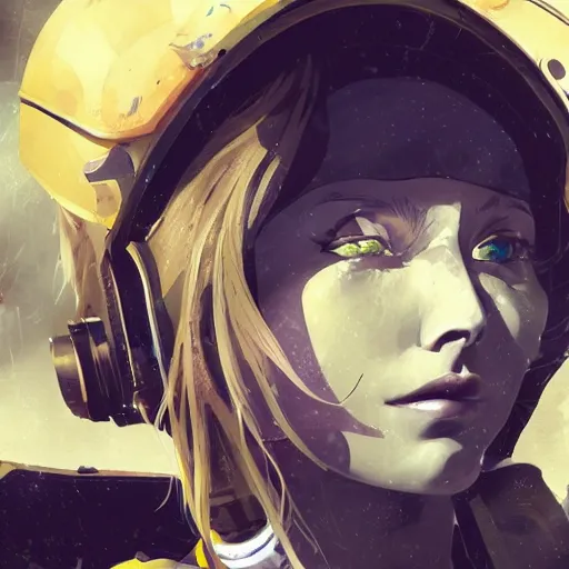 Prompt: highly detailed portrait of a hopeful young astronaut lady with a wavy blonde hair, by Dustin Nguyen, Akihiko Yoshida, Greg Tocchini, Greg Rutkowski, Cliff Chiang, 4k resolution, channel 4 utopia inspired, drakenguard inspired, dishonored inspired, vibrant but dreary but upflifting lightening yellow, black and white color scheme!!! ((Space nebula background))