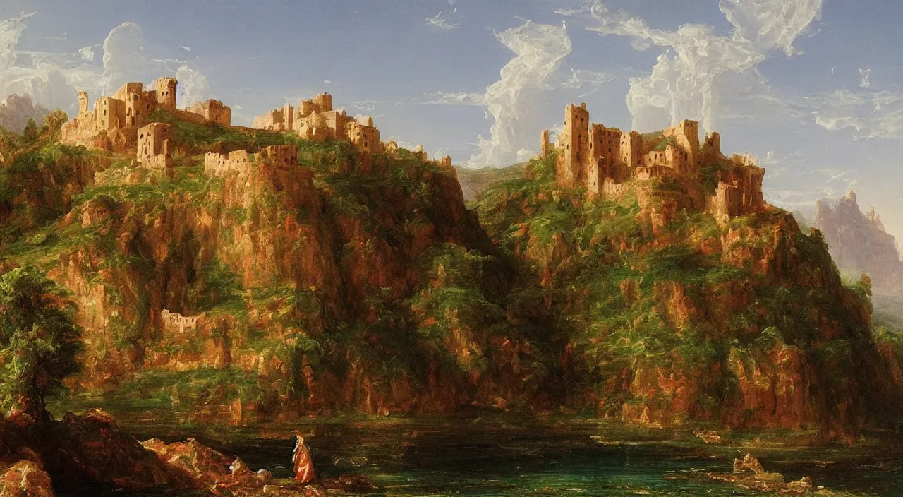 Image similar to a landscape painting of an byzantine castle, by Thomas Cole