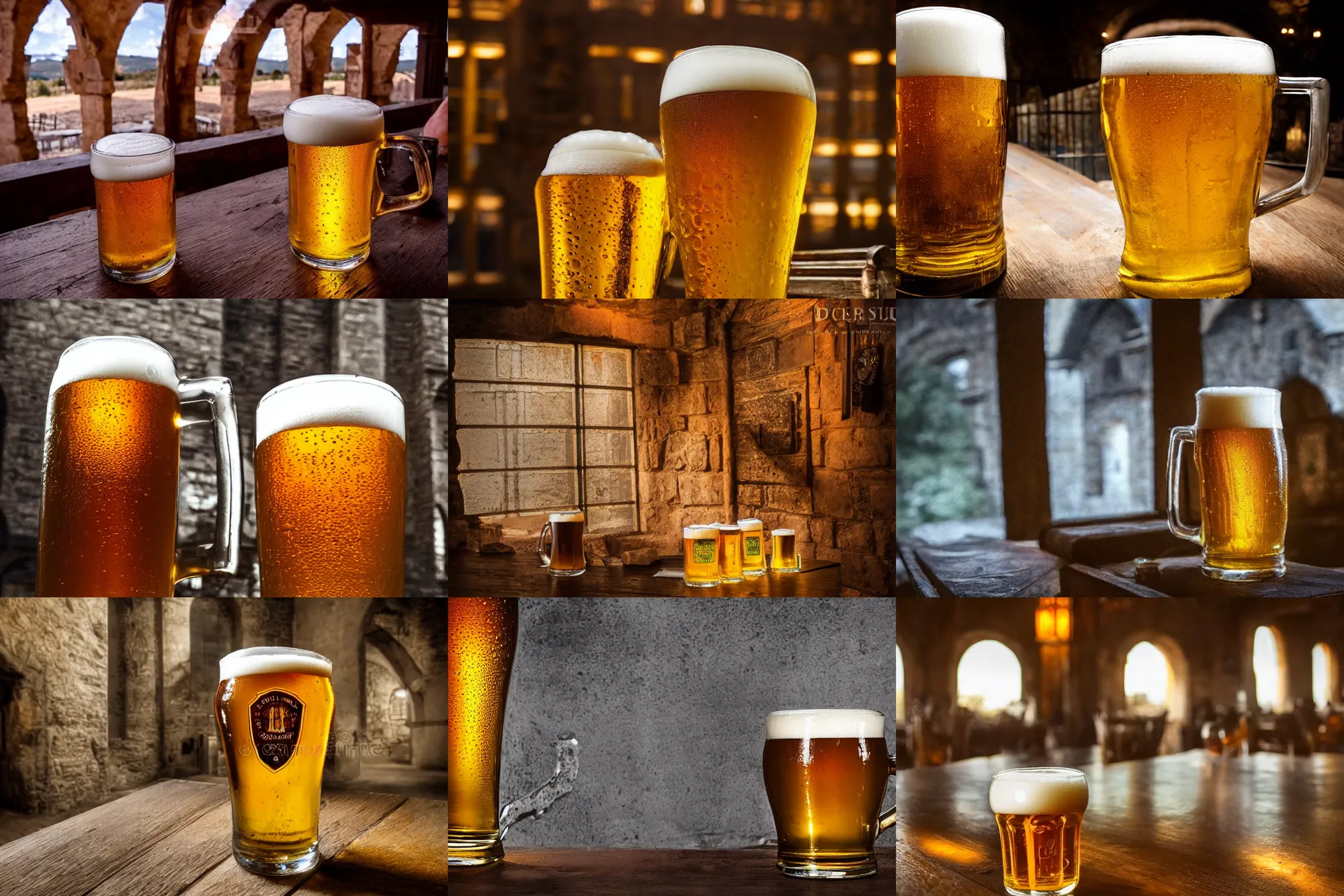 Prompt: glass of beer on castle foritifications, detailed photography, beautiful lighting