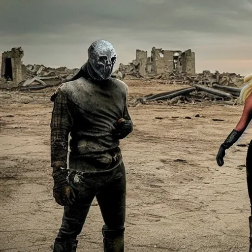 Prompt: a very huge, very big masked mutant man standing next to a very small blonde woman, they are staring at the horizon where there are the ruins of a city, postapocalyptic, mad max style, movie still