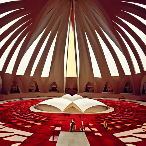 Prompt: interior of a futuristic lotus temple with gold, red and white marble panels, in the desert, by buckminster fuller and syd mead, intricate contemporary architecture with art nouveau motifs, photo journalism, photography, cinematic, national geographic photoshoot