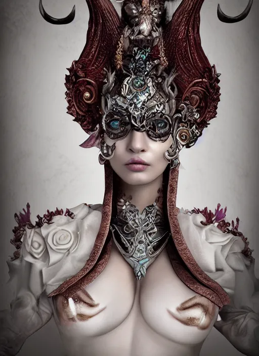 Image similar to a portrait of female by candy makeup, photorealistic, intricate details, hyper realistic, fantasy, elegant, baroque, horn, ram skull headpiece, photorealistic, photography, symmetrical features, symmetrical pose, wide angle shot, feet on the ground, wearable art, unreal engine