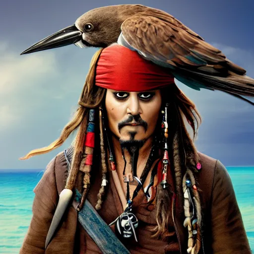 Image similar to jack sparrow with a parrot on the shoulder, portrait, 8k resolution, hyper detailed