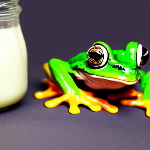 Prompt: frog emerging from yogurt