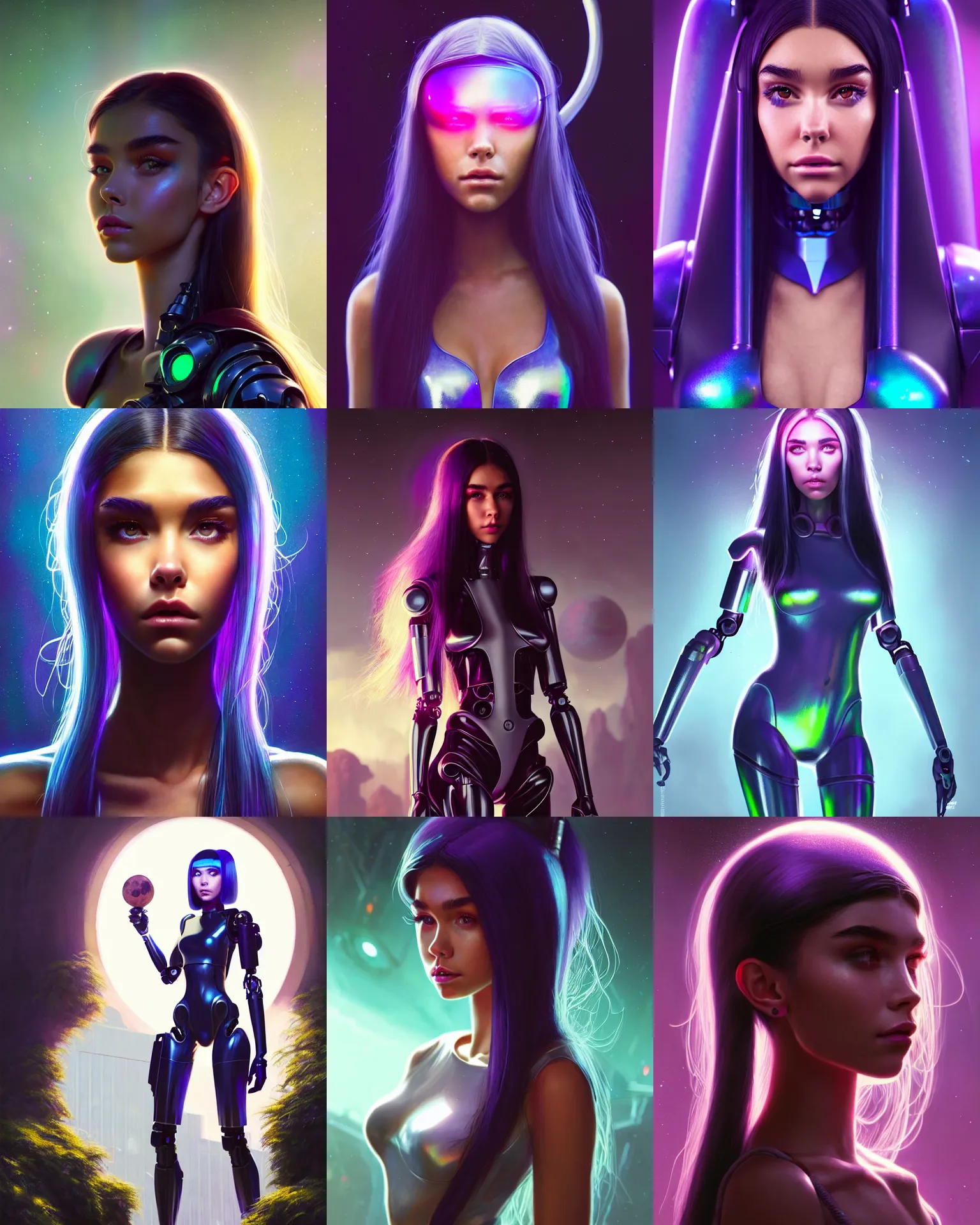 Prompt: a portrait photo of madison beer : : college woman : : as future cyborg woman on a lush alien world by weta : : by greg rutkowski, wlop, rossdraws, artgerm, pixar, disney, unreal engine, glossy skin, iridescent, pearlescent, shiny, 4 k, hdr, bright morning, leeloo rave outfit, : :