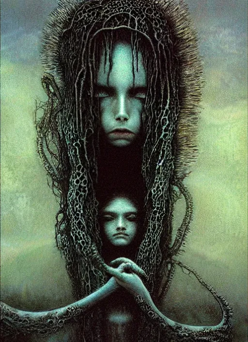 Image similar to lovecraftian teen girl by Beksinski and Luis Royo