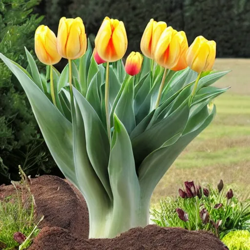 Prompt: A 50/50 hybrid between an artichoke and a tulip