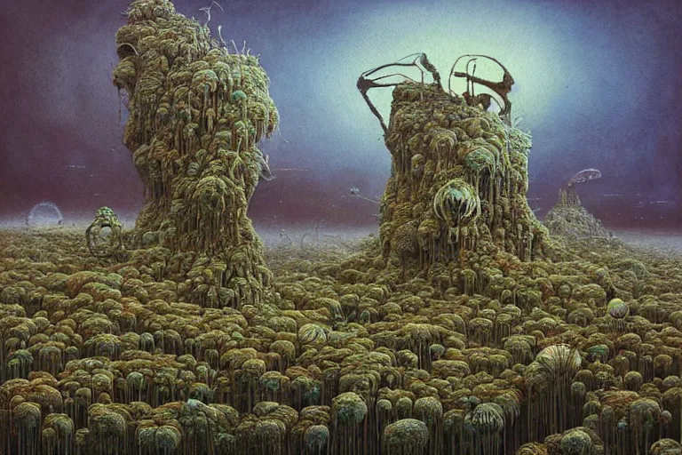 Image similar to a surreal and awe - inspiring science fiction landscape, alien plants and animals, intricate, elegant, uplifting, happy, inspirational, highly detailed watercolor painting by beksinski and simon stalenhag