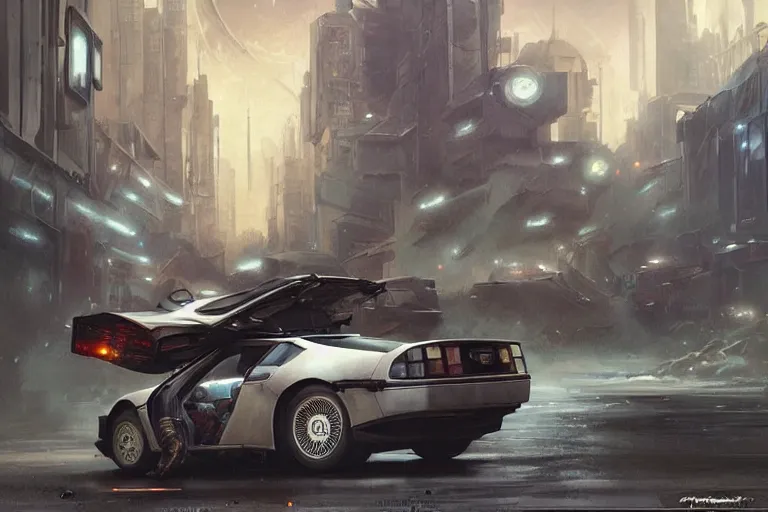 Prompt: photograph of the mandalorian entering a delorean driving down the streets of a cyberpunk abandoned city, wing doors are lifted, by greg rutkowski, by stanley artgerm, by alphonse mucha