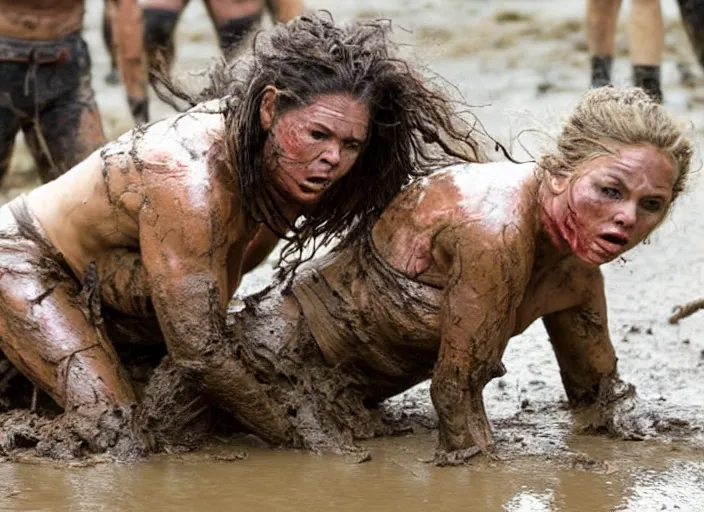 Prompt: 2 crossfit cavewomen mud wrestling, movie still, from the movie quest for fire, 8 k, realistic