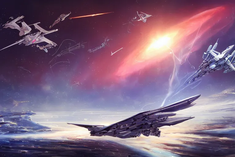 Image similar to a pterodactyl mecha, fighter-jet sized, smooth, john berkey white plastic panels, robotech styling Raymond Swanland and Jessica Rossier nebula like clouds in space background near a ringed gas giant, distant explosions and spaghetti-like missile rocket exhaust trails by cinematic lighting, hyper detailed hyper detailed, 8k, ultra realistic, cinematic lighting, ultra wide 35mm lens