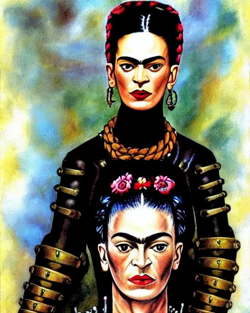 Image similar to portrait of a skinny punk frida kahlo wearing armor by simon bisley, john blance, frank frazetta, fantasy, thief warrior