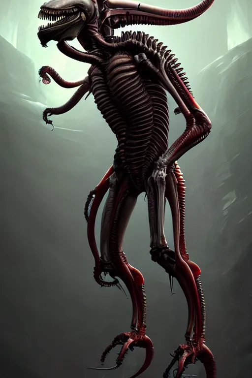 Image similar to full body of xenomorph, aggressive, au naturel, hyper detailed, digital art, trending in artstation, cinematic lighting, studio quality, frostbite 3 engine rendered, octane render, art style by klimt and nixeu and ian sprigger and wlop and krenz cushart