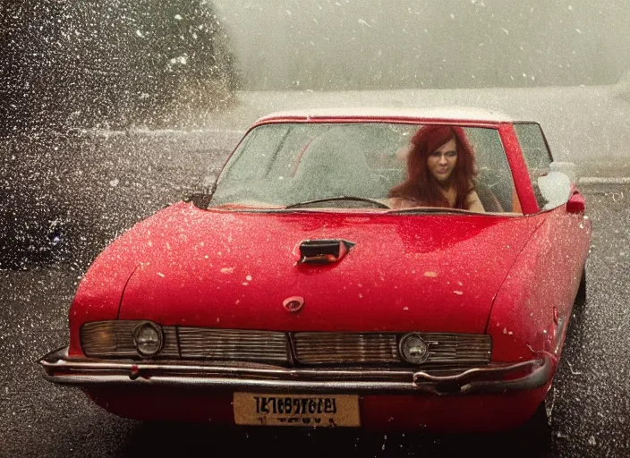 Image similar to A very high resolution image from a new movie, inside of a car, red hair woman, raining, hot, directed by wes anderson