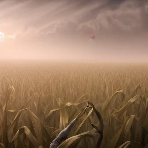 Image similar to demons inside a corn field, foggy, artstation