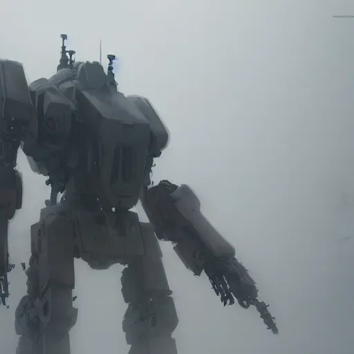 Prompt: gigantic mecha walking, dense fog, jakob rozalski