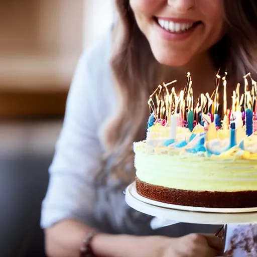 Prompt: close - up beautiful woman sitting in front of a table staring at her birthday cake.