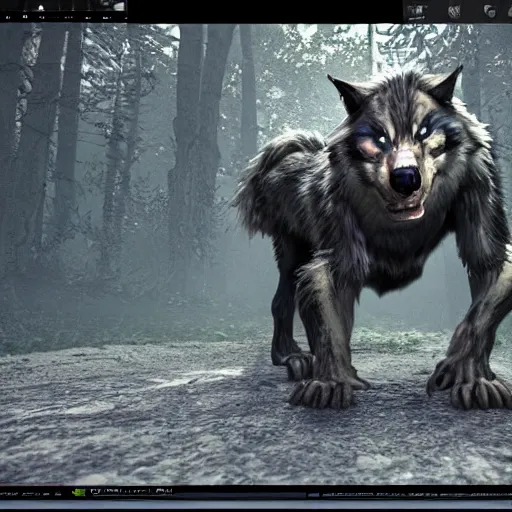 Image similar to werewolf hidden in the dark. higly detailed. unreal engine 5