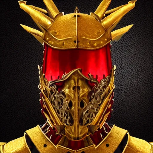 Prompt: portrait the great muscular knight dark souls in golden red armor made of polished dragon bones looks relaxed, victorian era