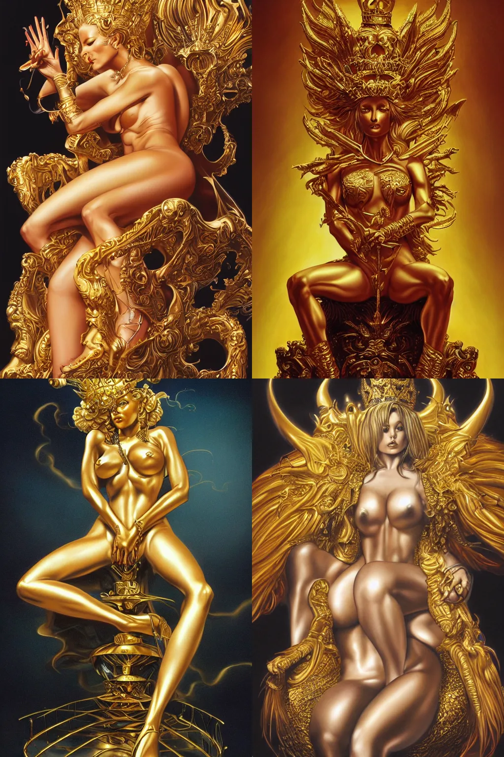 Prompt: an amazing airbrush painting of a beautiful golden queen seated over a black throne, by hajime sorayama and boris vallejo, realistic, detailed, dynamic, centered, trending on artstation,