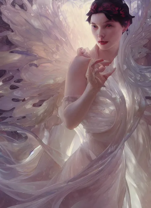 Image similar to snow white, white splash aura in motion, floating pieces, painted art by tsuyoshi nagano, greg rutkowski, artgerm, alphonse mucha, spike painting