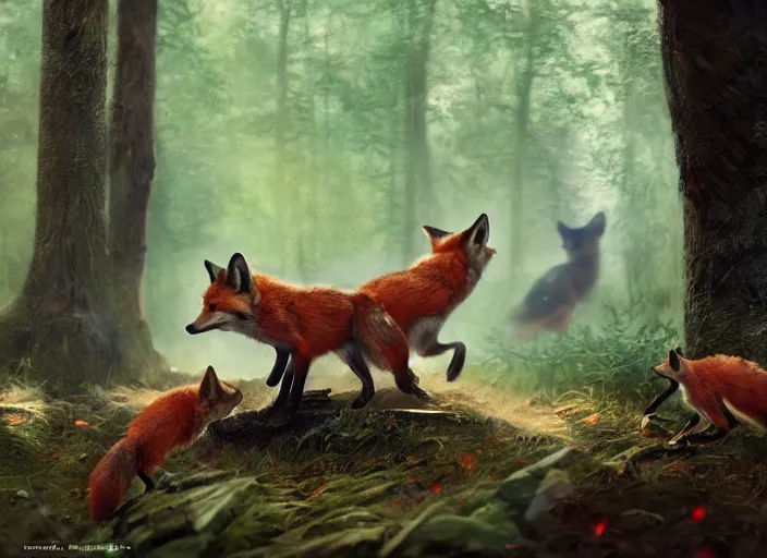 Image similar to foxes playing in the woods, digital painting, highly detailed, artstation, sharp focus, illustration, concept art, ruan jia, steve mccurry, amazing composition