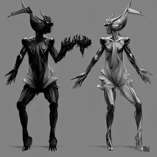 Prompt: Two elegant humanoid creatures fused at the shoulders dancing on their pointy limbs, high quality digital art, trending on ArtStation